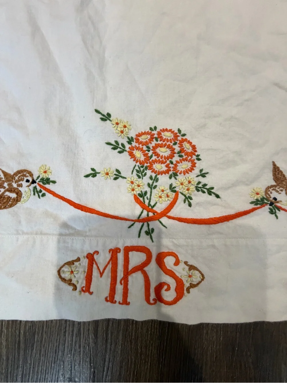 Embroidered White pillow cases with Orange Floral & Monogram - Set Mr.& Mrs.